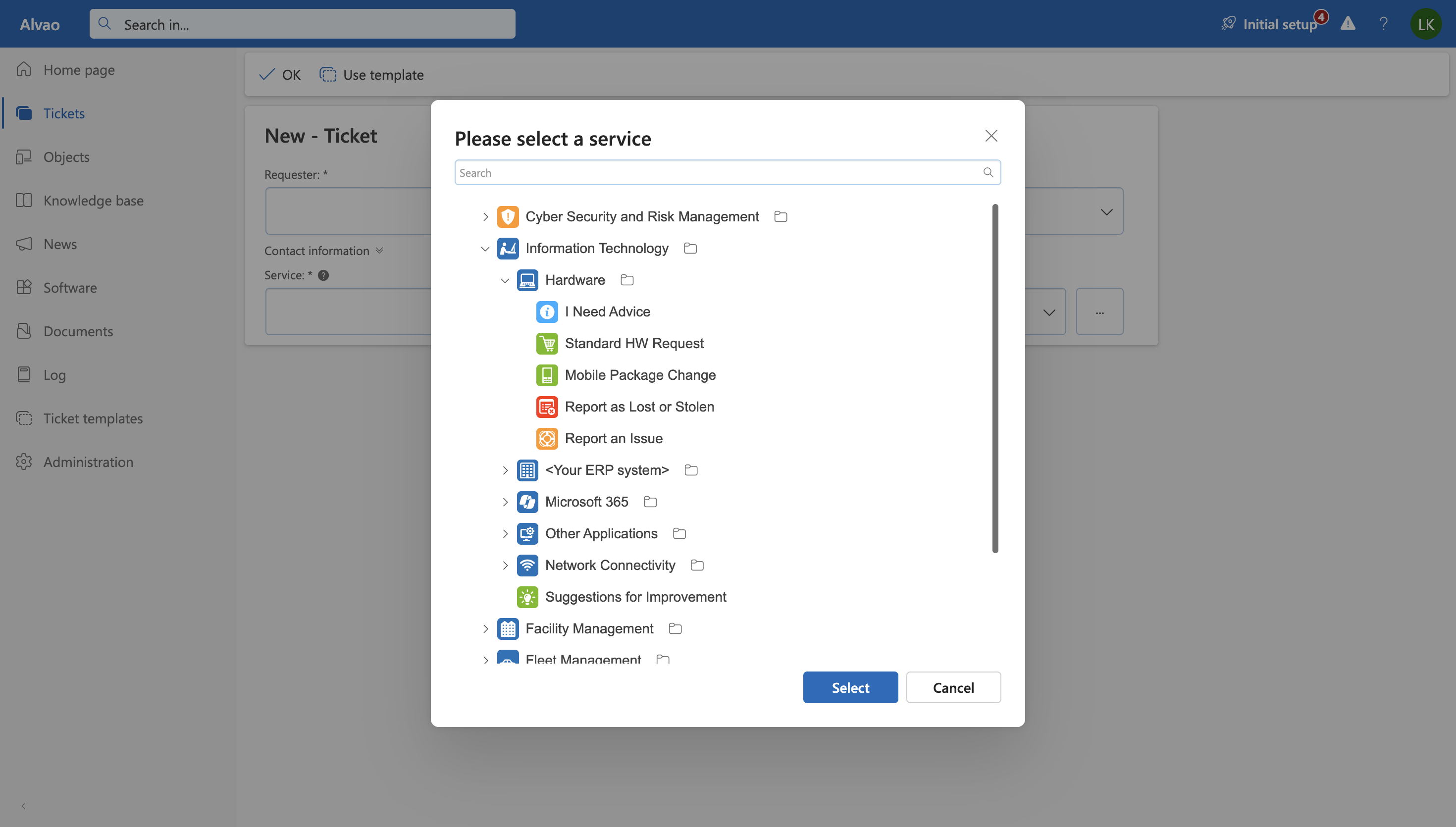 Service Catalog in Alvao WebApp